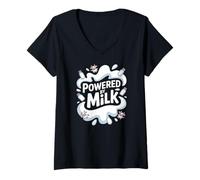 Donna Powered By Milk Divertente Mucca Tema Maglietta con Collo a V