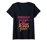 Donna Powered by Prayer And Jesus Grace Christian Citazione Maglietta con Collo a V