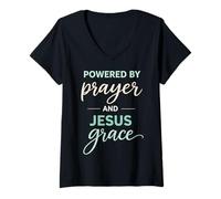 Donna Powered by Prayer And Jesus Grace Christian Citazione Maglietta con Collo a V