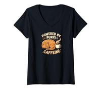 Donna Powered By Purrs & Caffeine Cat Lover Coffee Design Maglietta con Collo a V