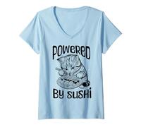 Donna Powered by Sushi Kitten Fun Cibo Giapponese Cat Foodie Maglietta con Collo a V