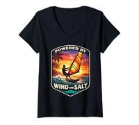 Donna Powered By Wind And Salt Windfurfer Windsurf Amante Scherzo Maglietta con Collo a V