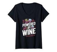 Donna Powered By Wine Grapes Bicchieri Fun Maglietta con Collo a V