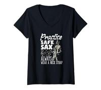 Donna Practice Safe Sax Indossare Sempre Una Tracolla Divertente Sassofono Maglietta con Collo a V