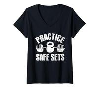 Donna Practice Safe Sets Kettlebell Barbell Quote Maglietta con Collo a V