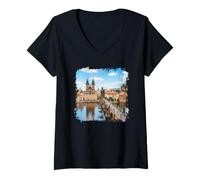Donna Praga Città Vecchia Ponte Fiume Città Storica Grafico Scenic Maglietta con Collo a V