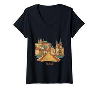 Donna Praga Repubblica Ceca Viaggio Souvenir Città Punto di Riferimento Regalo Maglietta con Collo a V