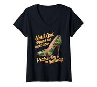 Donna Praise God in Hallway Until He Opens Next Door - Maglietta con Collo a V