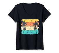 Donna Praslin Seychelles Palme su un'isola e Uccelli Marini Maglietta con Collo a V