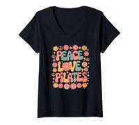 Donna Praticante di Pilates anni '60 '70 Hippie Retro Peace Love Pilates Maglietta con Collo a V