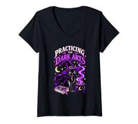 Donna Praticare Le Arti oscure Strega Gatto Nero Halloween Maglietta con Collo a V