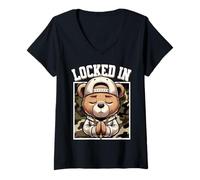 Donna Pregare Hip Hop Teddy Bear Bloccato in Christian Streetwear Maglietta con Collo a V