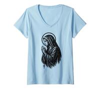 Donna Pregare Vergine Maria - Vintage Grafica Cristiana Fede Maglietta con Collo a V