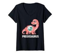 Donna Pregosaurus, Pregnant Dinosaur, Baby Pregnancy Announcement Maglietta con Collo a V