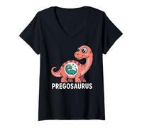 Donna Pregosaurus, Pregnant Dinosaur, Baby Pregnancy Announcement Maglietta con Collo a V