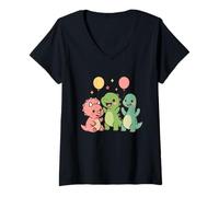Donna Prehistoric Pal Party. Carino Kawaii Dino Amici Maglietta con Collo a V