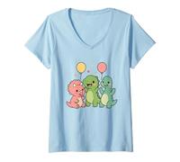 Donna Prehistoric Pal Party. Carino Kawaii Dino Amici Maglietta con Collo a V