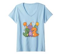 Donna Prehistoric Pal Party. Carino Kawaii Dino Amici Maglietta con Collo a V
