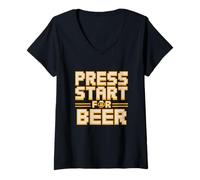 Donna Premere Start per Beer Retro Gamer Arcade Pixel Maglietta con Collo a V