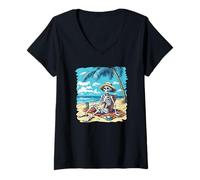 Donna Prendere il sole scheletro sulla spiaggia sotto Palm Trees Costume Maglietta con Collo a V