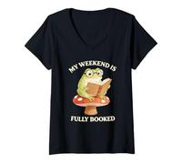 Donna Prenota Il Mio fine Settimana è Completamente prenotato Frog Reading Cottagecore Maglietta con Collo a V
