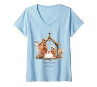 Donna Presepe Boho Il Primo Natale Noel Maglietta con Collo a V