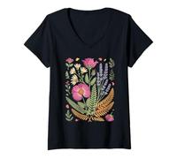 Donna Pressed Wildflower Meadow Florist Botanical Art Maglietta con Collo a V