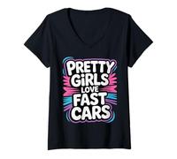 Donna Pretty Girls Love Fast Cars Donne del Pilota da Pilota - Maglietta con Collo a V