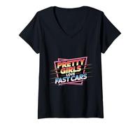 Donna Pretty Girls Love Fast Cars Donne del Pilota da Pilota - Maglietta con Collo a V