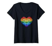 Donna Pride - Cuore in vetro colorato arcobaleno a mosaico Maglietta con Collo a V