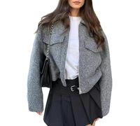 Donna Primavera e Autunno Corto Colore Solido Tweed Risvolto Giacca Antivento Street Trend Cerniera Caldo con Tasca Cappotto a Maniche Lunghe (Grigio,XS)