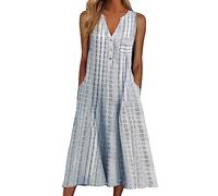 Donna Primavera Estate Moda Tasche Collo A V Striscia Senza Maniche Abito Casual A-Line