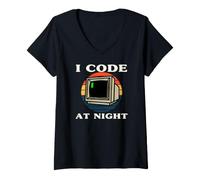 Donna Programmer Retro Computer I Code At Night Maglietta con Collo a V