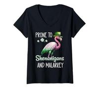 Donna Prone to Shenanigans And Malarkey Sign St Patricks Flamingo Maglietta con Collo a V