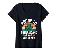 Donna Prone to Shenanigans & Malarkey - Funny Irish Shamrock Retro Maglietta con Collo a V