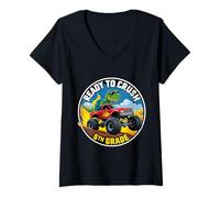 Donna Pronto a schiacciare la scuola di Monster Truck Dino T-rex di quinta elementare Maglietta con Collo a V