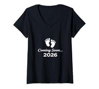 Donna Prossimamente 2026 Baby Footprints Annuncio Design Maglietta con Collo a V
