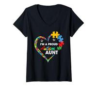 Donna Proud Autism Aunt Puzzle Heart Awareness Support Maglietta con Collo a V