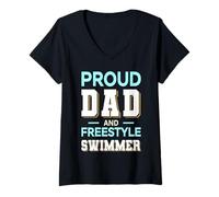 Donna Proud Dad Freestyle Swimmer Design Azzurro Bianco Maglietta con Collo a V