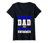 Donna Proud Dad Freestyle Swimmer Design Blu Scuro Bianco Maglietta con Collo a V