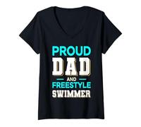 Donna Proud Dad Freestyle Swimmer Design Ciano Bianco Maglietta con Collo a V