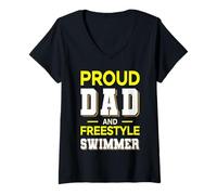 Donna Proud Dad Freestyle Swimmer Design Giallo Bianco Maglietta con Collo a V