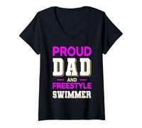 Donna Proud Dad Freestyle Swimmer Design Rosa Magenta Bianco Maglietta con Collo a V