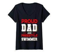 Donna Proud Dad Freestyle Swimmer Design Rosso Bianco Maglietta con Collo a V