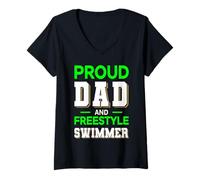 Donna Proud Dad Freestyle Swimmer Design Verde Bianco Maglietta con Collo a V