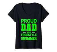 Donna Proud Dad Freestyle Swimmer Design Verde Pieno Maglietta con Collo a V