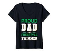 Donna Proud Dad Freestyle Swimmer Design Verde Scuro Bianco Maglietta con Collo a V