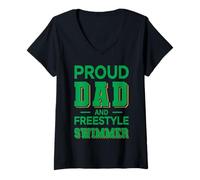 Donna Proud Dad Freestyle Swimmer Design Verde Scuro Pieno Maglietta con Collo a V