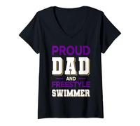 Donna Proud Dad Freestyle Swimmer Design Viola Bianco Maglietta con Collo a V