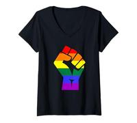 Donna Proud Raised Fist in Rainbow Colors Lesbian Gay Rights Maglietta con Collo a V